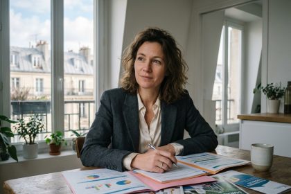 Femme française en blazer examine documents financiers