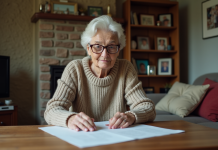 Retraite handicapée : montant et calculs pour les bénéficiaires en France Femme âgée concentrée sur ses papiers dans un salon chaleureux