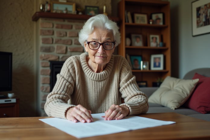 femme-ge-papier-dtail Femme âgée concentrée sur ses papiers dans un salon chaleureux