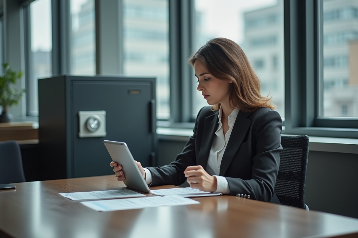 Jeune femme vérifiant ses papiers financiers devant un coffre sécurisé