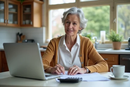 Femme d'âge moyen gérant ses finances dans la cuisine