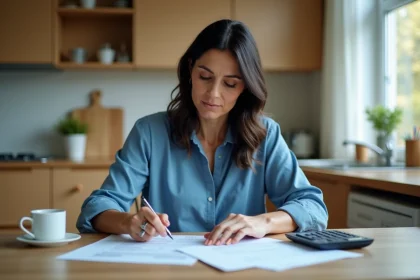 Femme d'âge moyen étudie ses papiers fiscaux à la maison