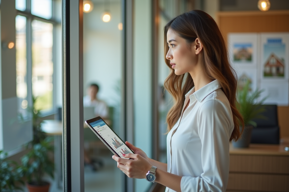 Jeune femme regardant des graphiques immobiliers sur tablette