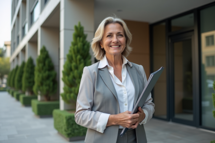Femme d'âge moyen souriante avec dossier immobilier devant immeuble