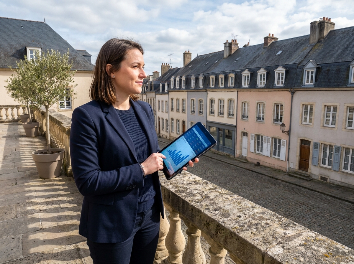 Jeune femme avec tablette analyse des graphiques financiers sur une terrasse