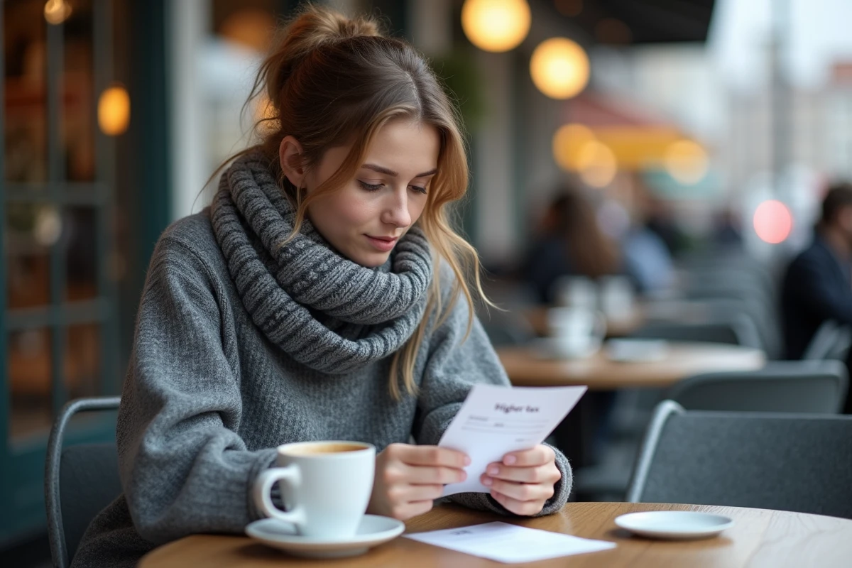 Jeune femme au café regardant un reçu de cigarette avec taxe