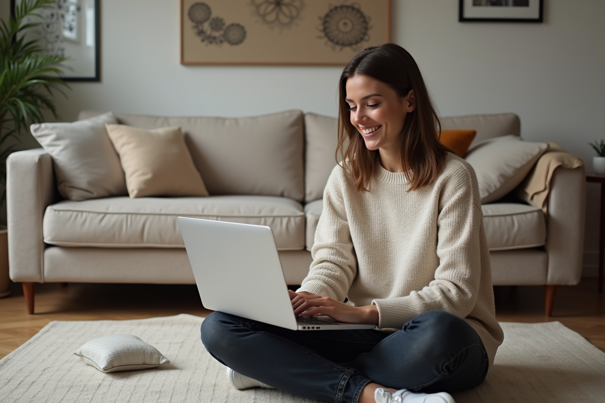 Femme détendue utilisant un ordinateur avec tableau financier