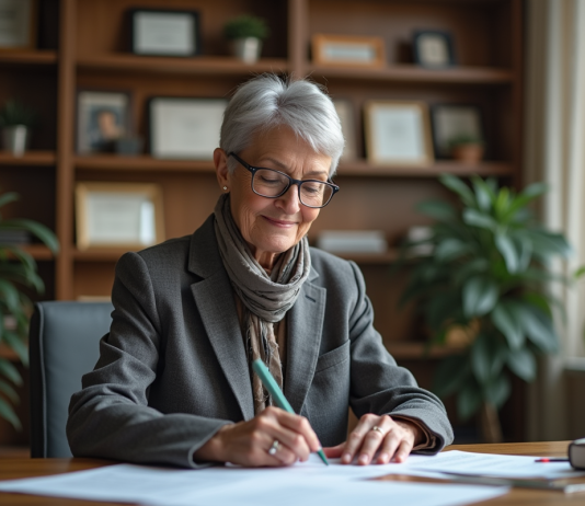 Femme âgée souriante dans un bureau à domicile