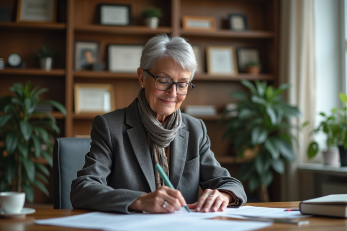 femme-lecture-papiers-bureau Femme âgée souriante dans un bureau à domicile