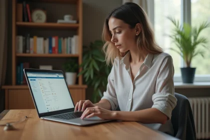 Femme ajoutant un beneficiere sur son ordinateur dans un bureau moderne