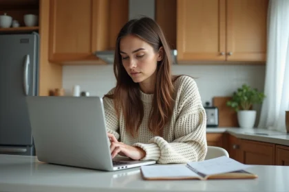 Jeune femme concentrée sur son ordinateur dans la cuisine