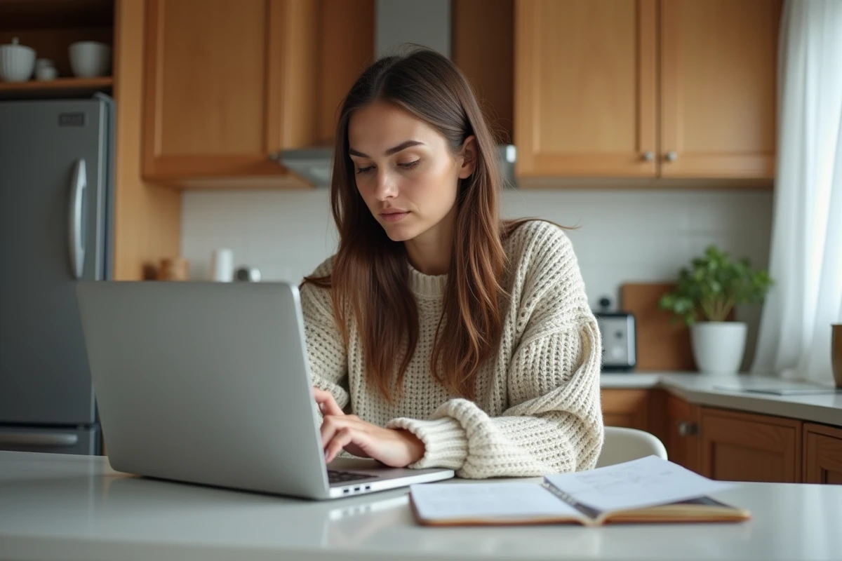 Jeune femme concentrée sur son ordinateur dans la cuisine