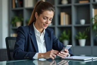 Femme professionnelle paramétrant l'application Banque Privée BNP Paribas sur son smartphone dans un bureau moderne