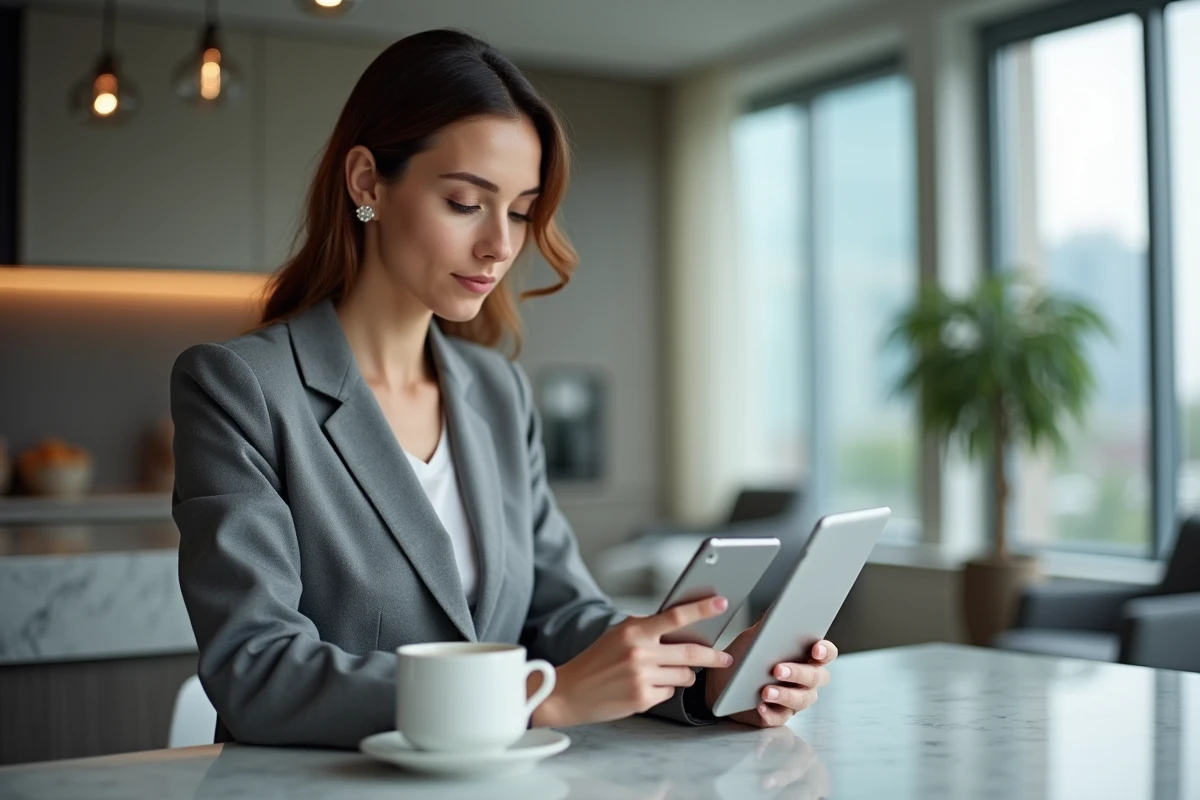 Femme configurant ses paramètres de virement important sur application BNP Banque Privée depuis son domicile