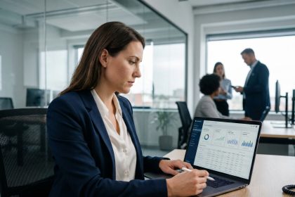 Femme d affaires en bureau moderne analysant un tableau financier