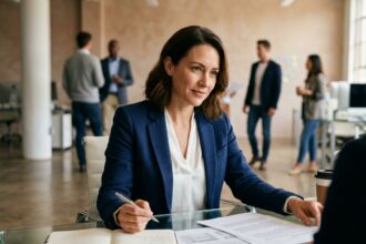Femme professionnelle en blazer marine travaillant dans un bureau moderne pour un article sponsorisé
