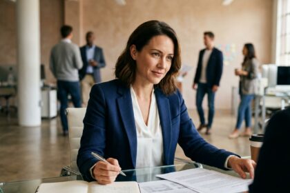 Femme professionnelle en blazer marine travaillant dans un bureau moderne pour un article sponsorisé