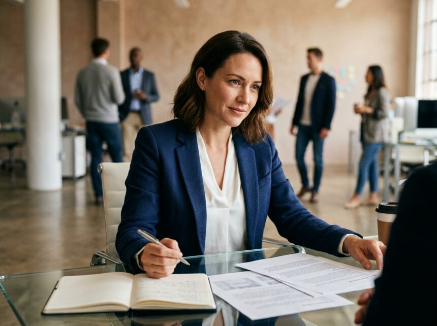 Femme professionnelle en blazer marine travaillant dans un bureau moderne pour un article sponsorisé