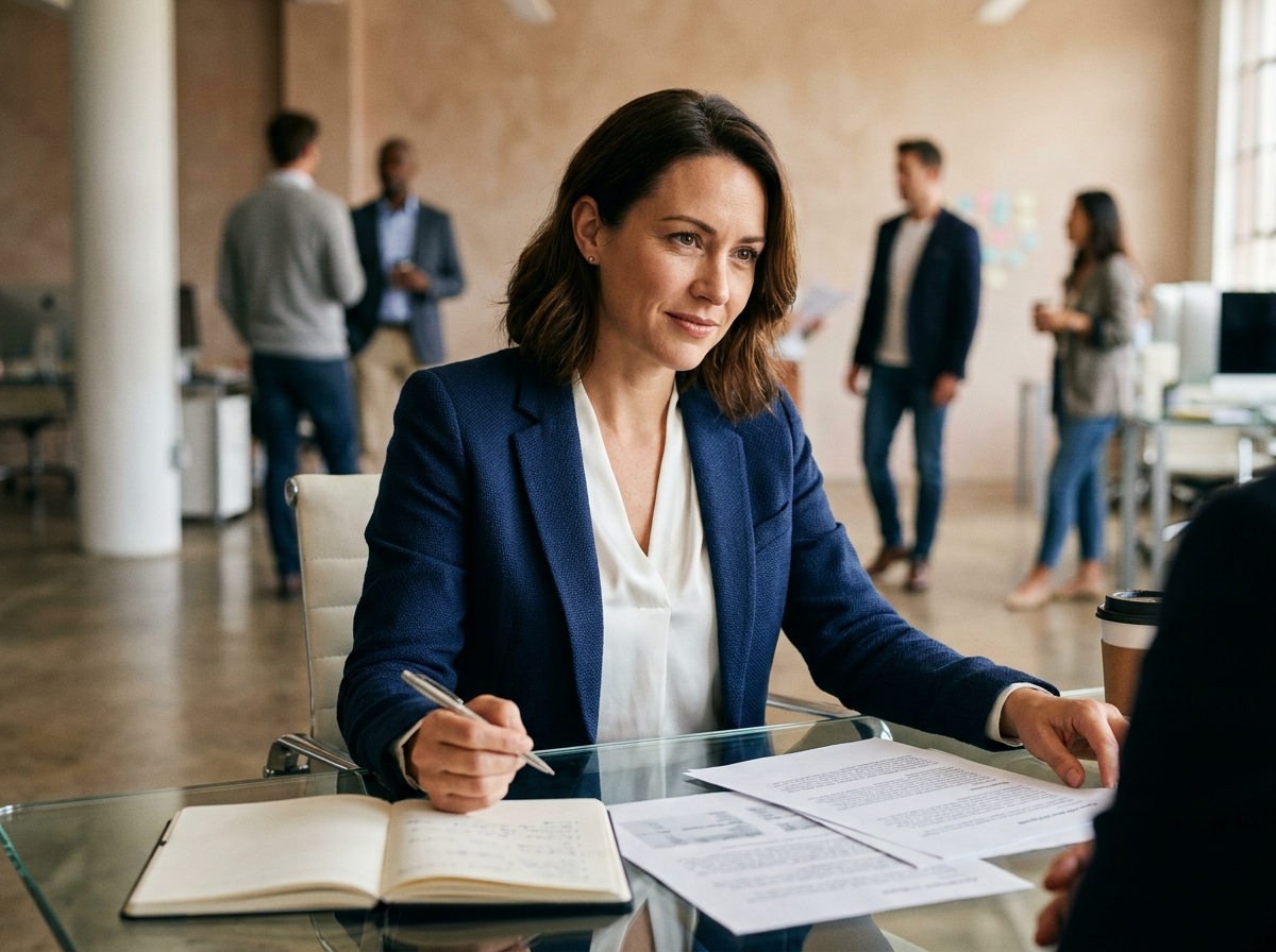 Femme professionnelle en blazer marine travaillant dans un bureau moderne pour un article sponsorisé
