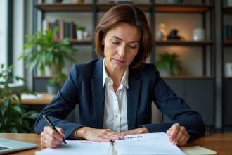 Femme d'affaires en réunion avec documents officiels
