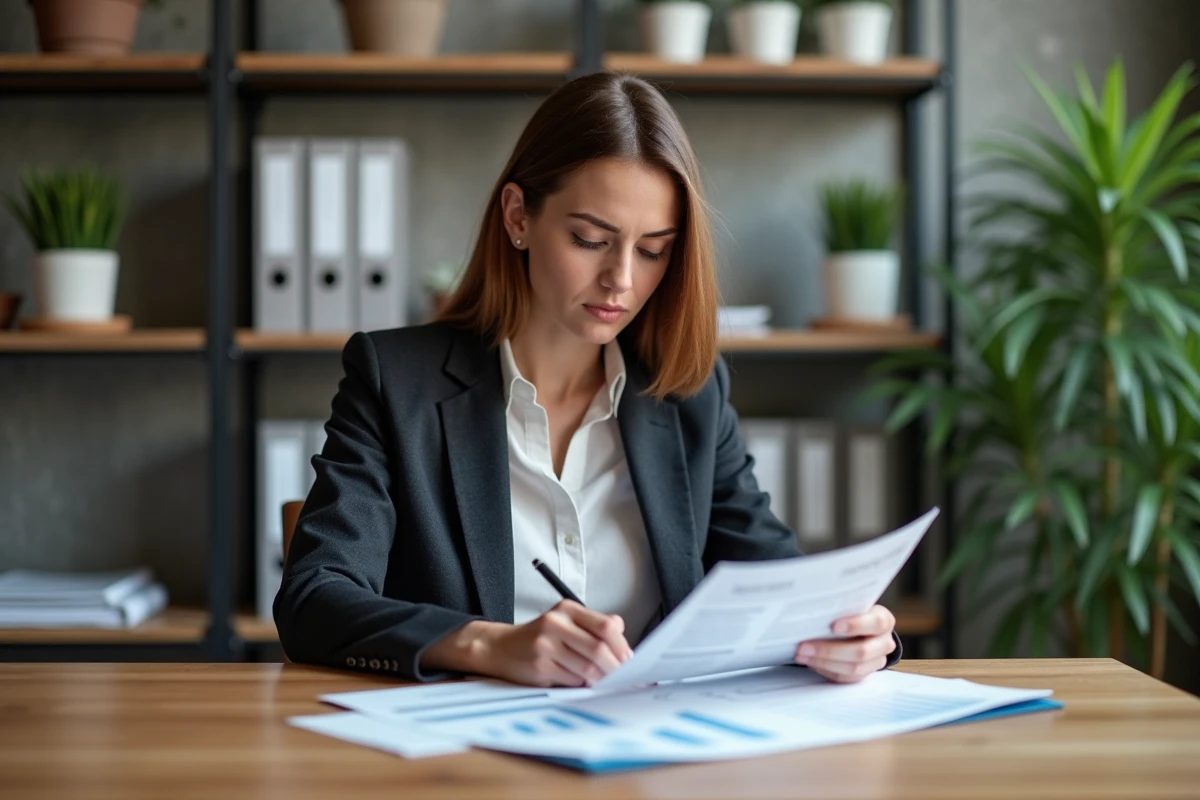 Femme professionnelle étudie un rapport ROI dans un bureau cosy