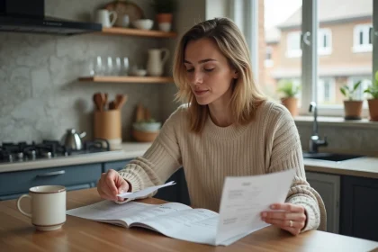 Femme examine ses reçus dans une cuisine moderne