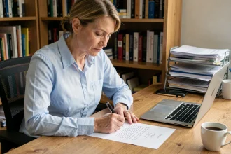 Femme rédigeant un courrier officiel à la Banque Postale concernant un changement d'adresse ou une procuration