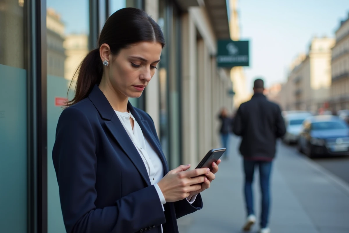 Femme devant une agence bancaire consultant son téléphone après un refus lié à un fichage Banque de France