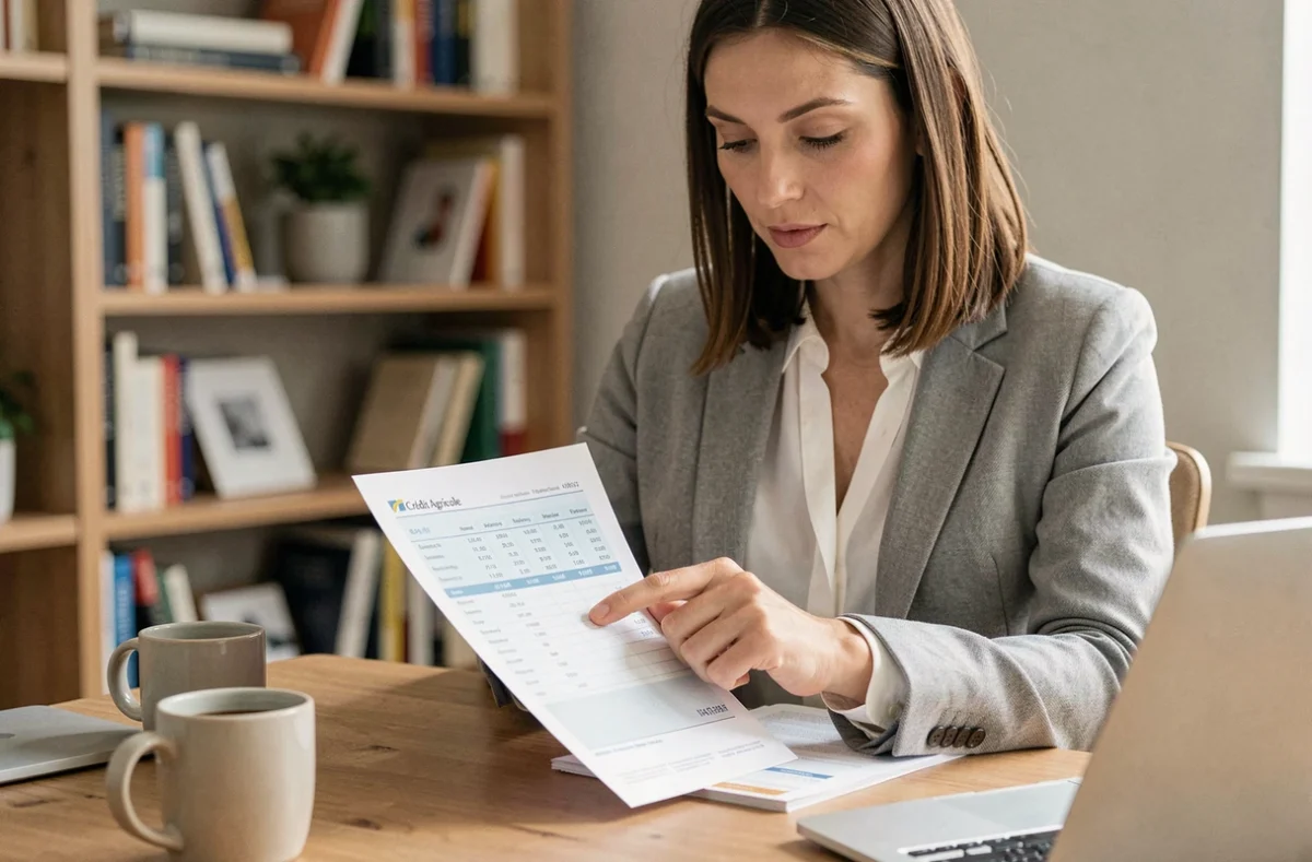 Femme examinant un relevé bancaire Crédit Agricole avec le code banque visible sur le document