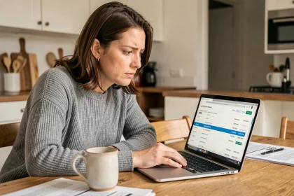Femme consultant son relevé bancaire en ligne sur un ordinateur portable pour identifier un prélèvement de 108 euros