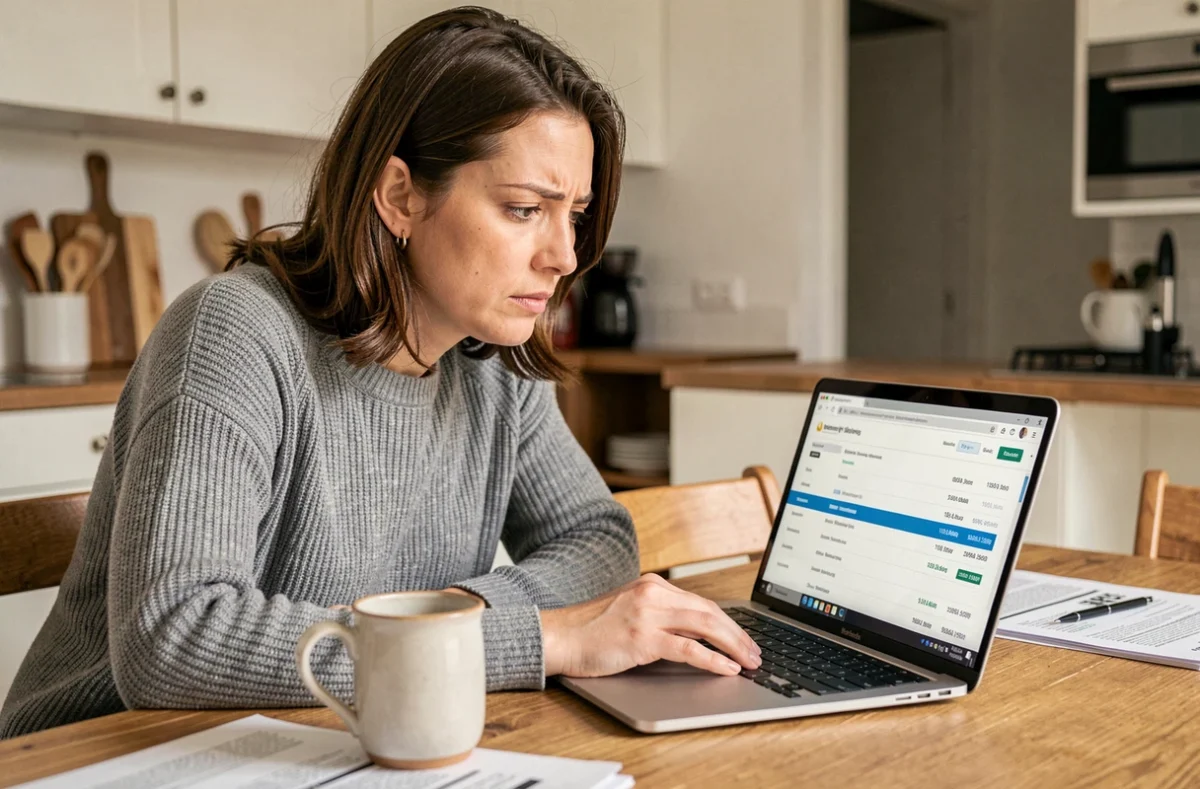 Femme consultant son relevé bancaire en ligne sur un ordinateur portable pour identifier un prélèvement de 108 euros