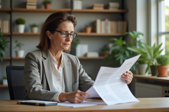 Femme d'âge moyen étudiant des documents de retraite