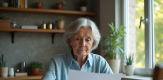 Femme d'âge moyen examinant des papiers de retraite à la maison