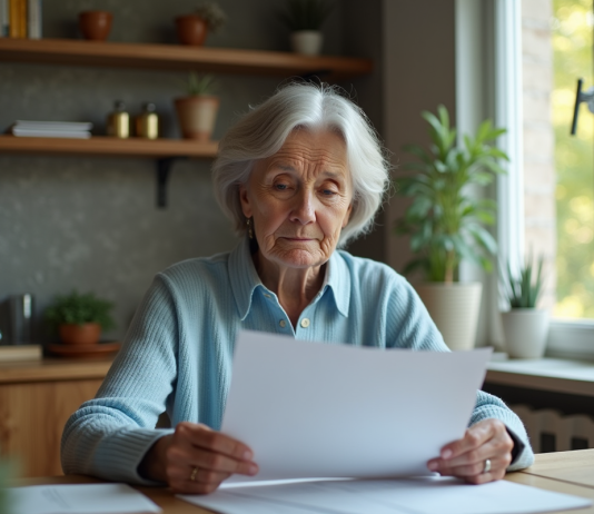 Femme d'âge moyen examinant des papiers de retraite à la maison