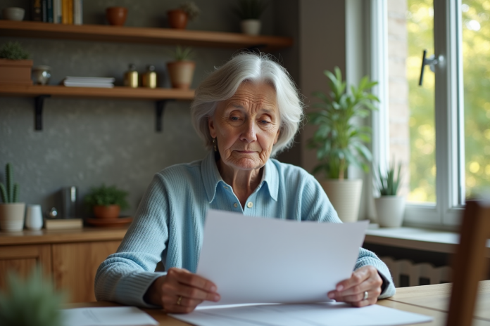 femme-retraite-kitchen-table Femme d'âge moyen examinant des papiers de retraite à la maison