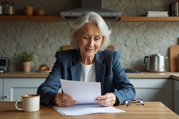 Femme d'environ soixante ans examine des papiers dans une cuisine lumineuse