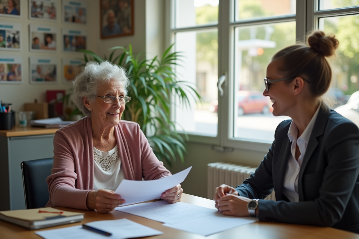 Femme retraitée rencontrant une assistante sociale