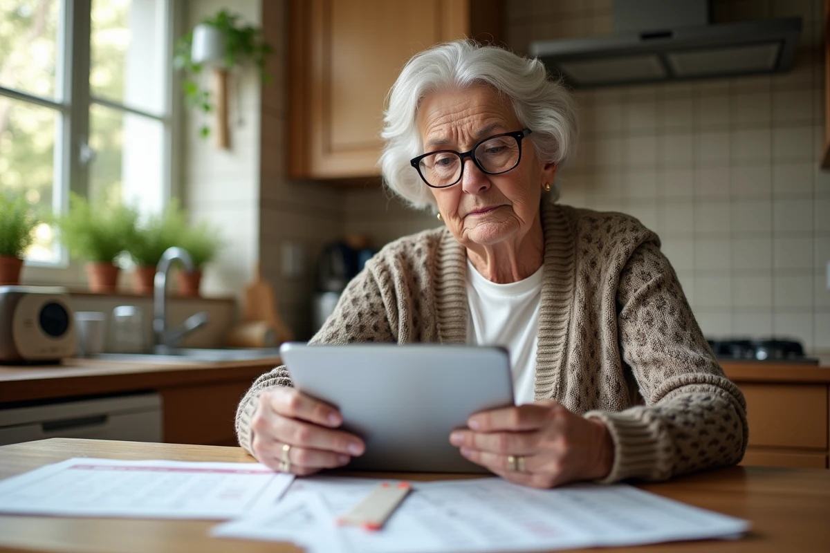 Femme retraitée vérifiant ses factures à la maison