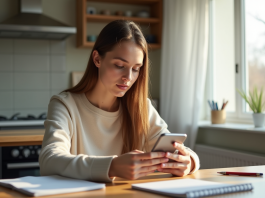 Jeune femme utilisant une application bancaire sur smartphone