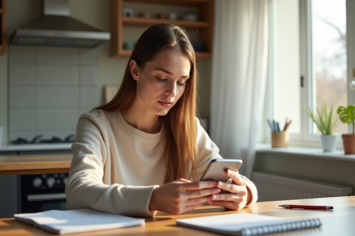 Jeune femme utilisant une application bancaire sur smartphone