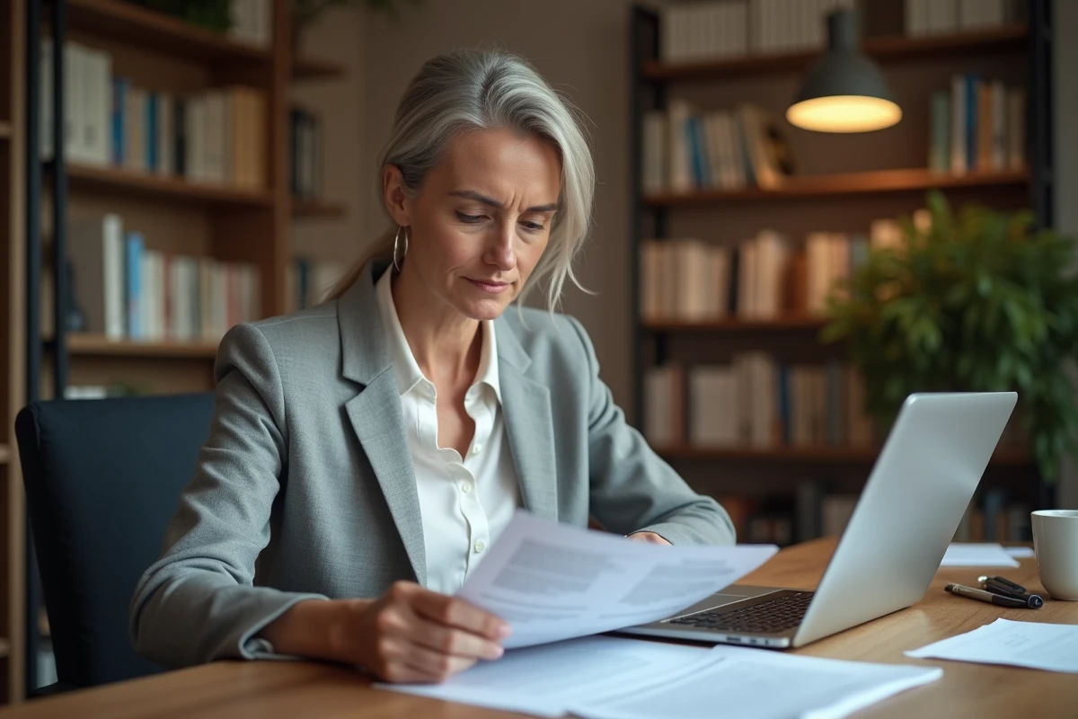 Femme consultant son solde de tout compte après démission d'un CDI sur des documents imprimés à son bureau