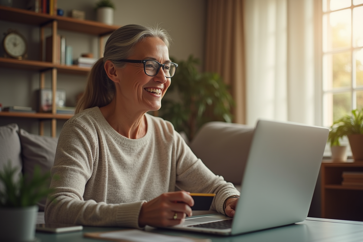 Femme souriante utilisant une carte de crédit à la maison