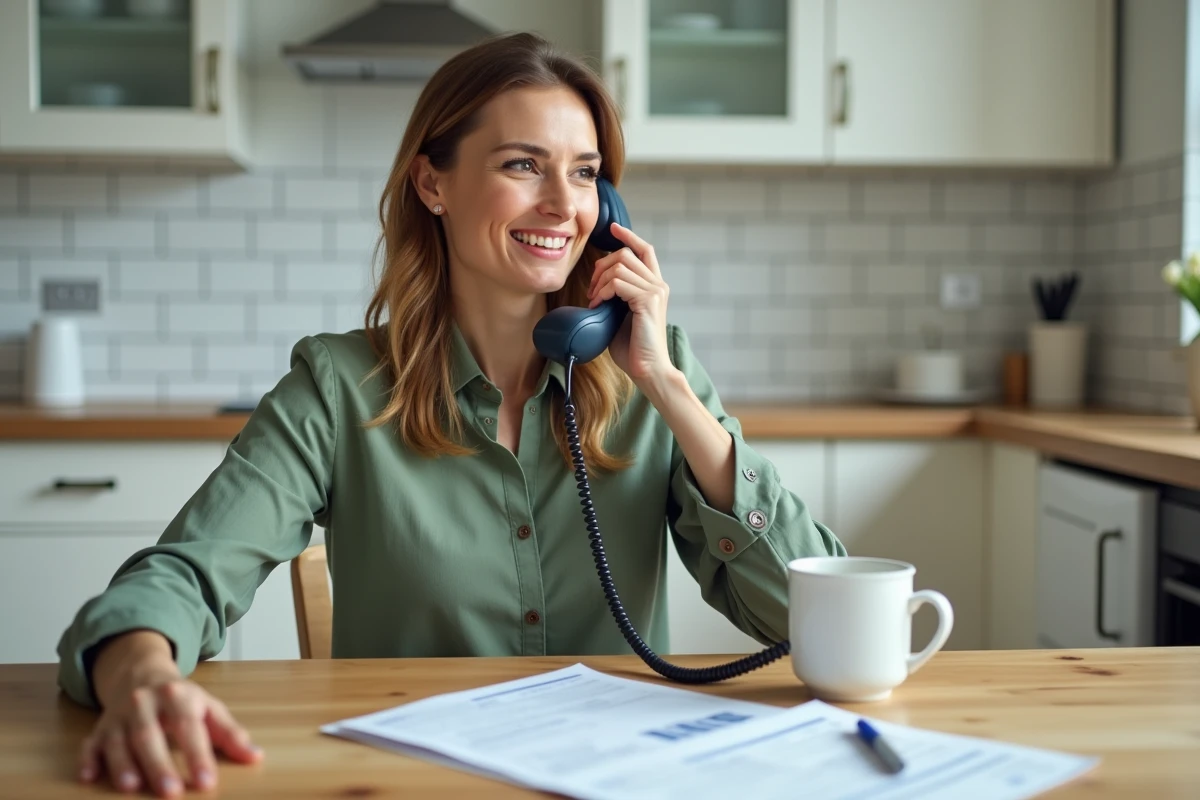 Femme contactant le service client Boursorama par téléphone depuis chez elle, relevé bancaire posé sur la table pour signaler une fraude suspectée
