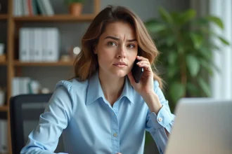 Femme au téléphone cherchant à contacter le service client PayPal France depuis son bureau à domicile