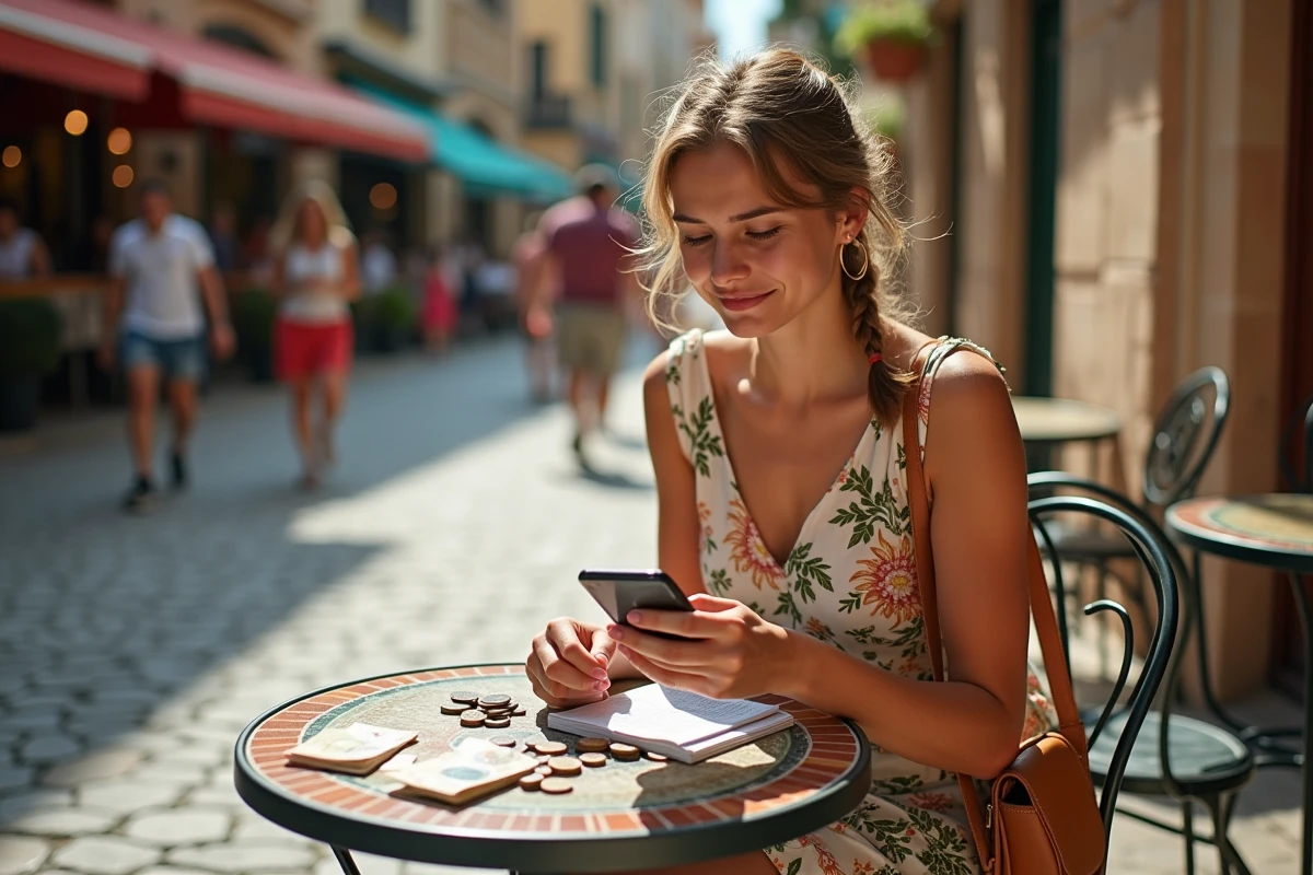 Jeune femme vérifie son téléphone avec monnaie et guide à la terrasse