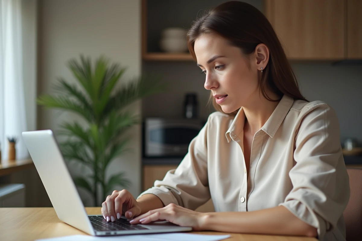 Femme concentrée travaillant sur son ordinateur dans la cuisine