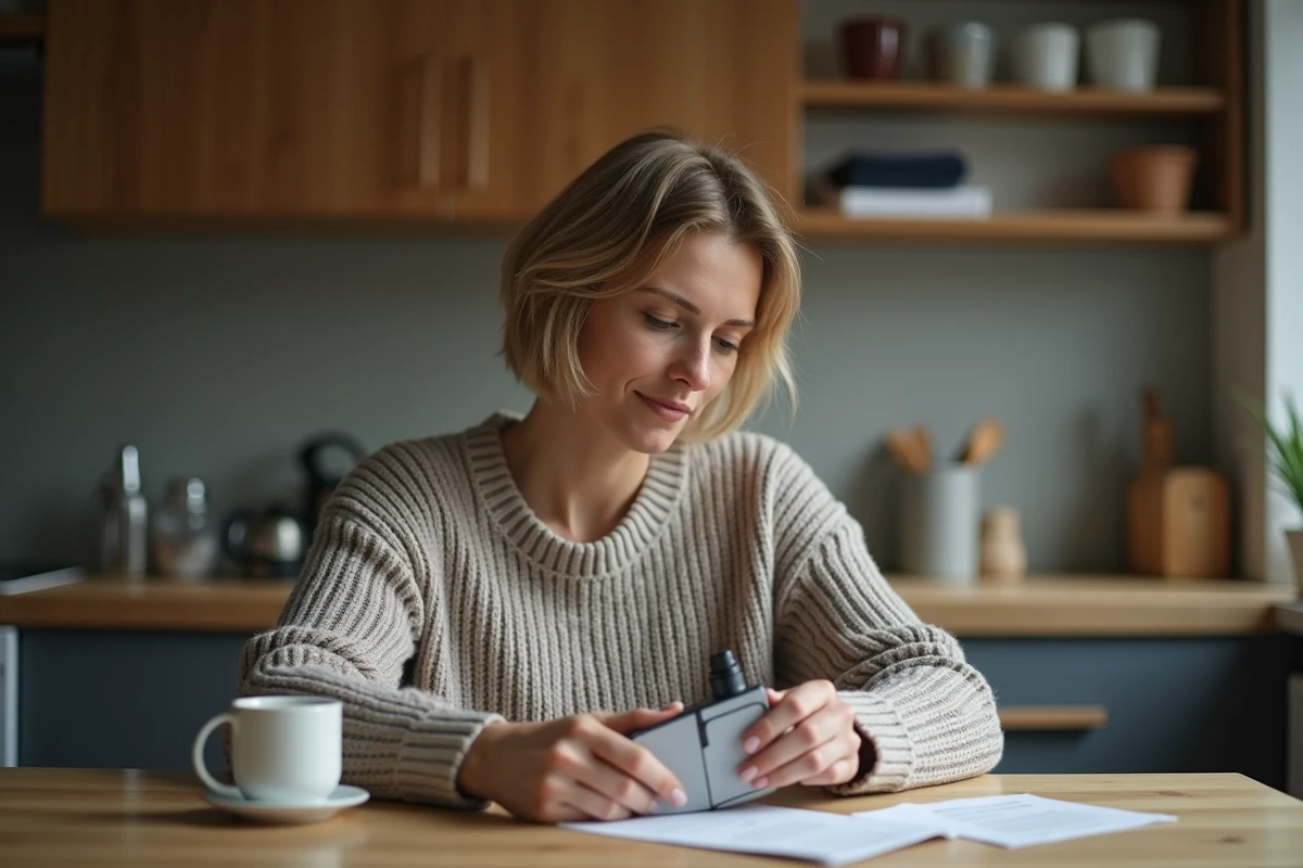 Femme à la maison déballant un vapoteur dans sa cuisine