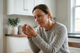 Femme examinant une bague en or à la maison avant de la vendre, gros plan sur les mains
