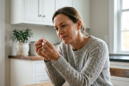 Femme examinant une bague en or à la maison avant de la vendre, gros plan sur les mains