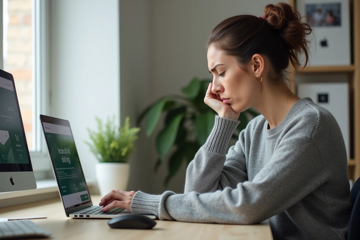 Femme inquiète vérifiant ses comptes bancaires en ligne sur un ordinateur portable, suspectant une fraude sur son application Boursorama